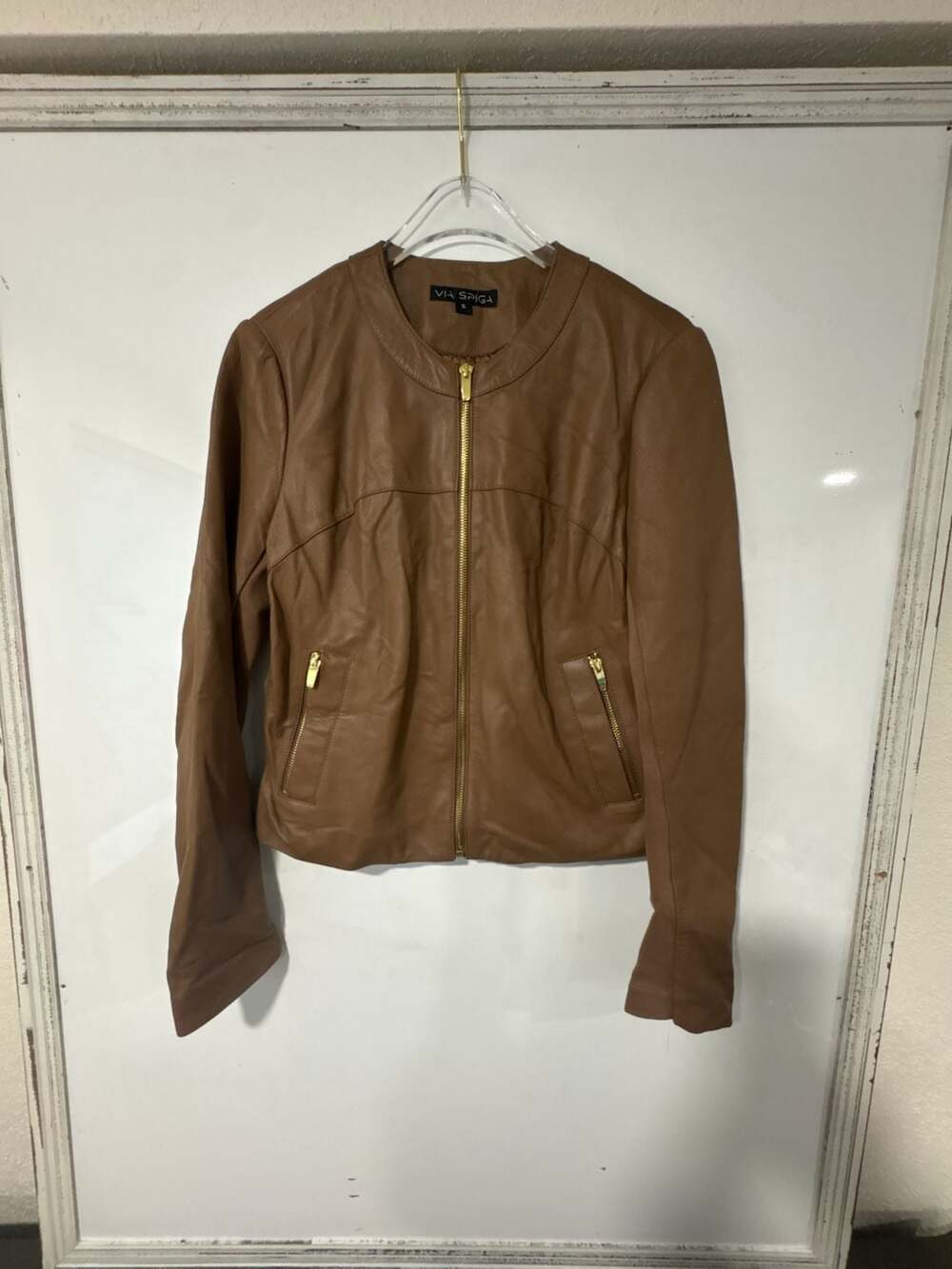 Via Spiga Women's Collarless Genuine Leather Jacket with Ponte Backing